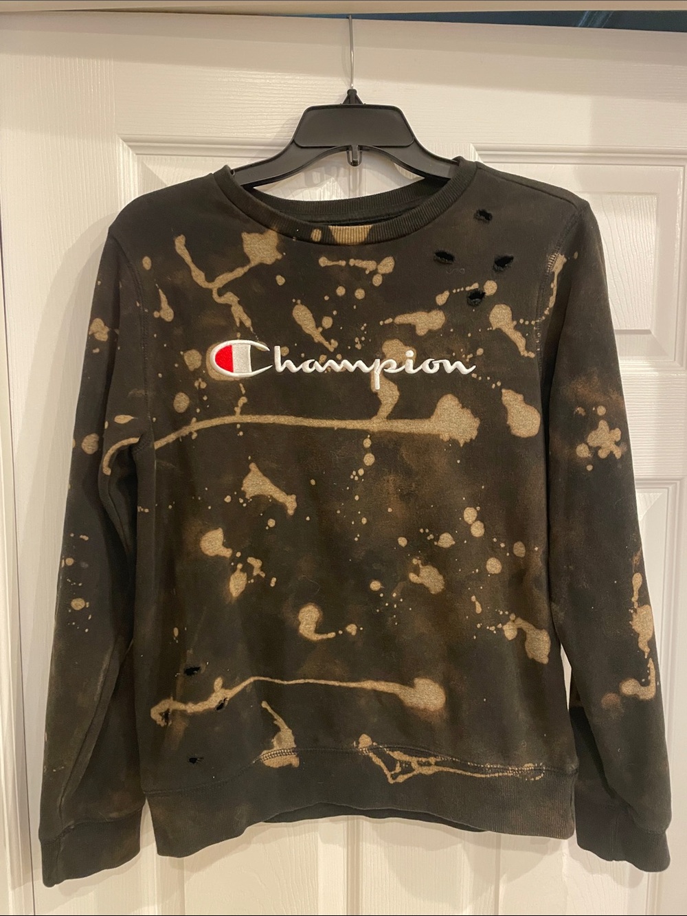 Champion Black Crewneck Sweatshirt with Tan Bleach Splatter, Kids XL
